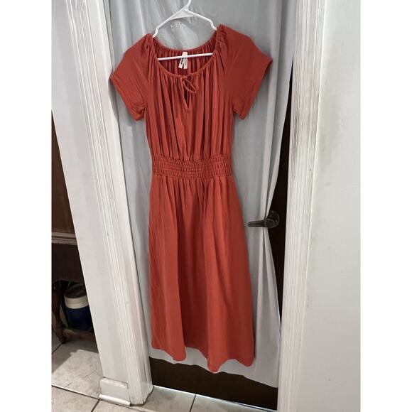 Pact Orange Organic Cotton Smocked Waist Midi Dress Gauzy Sz Xxs - Picture 1 of 6